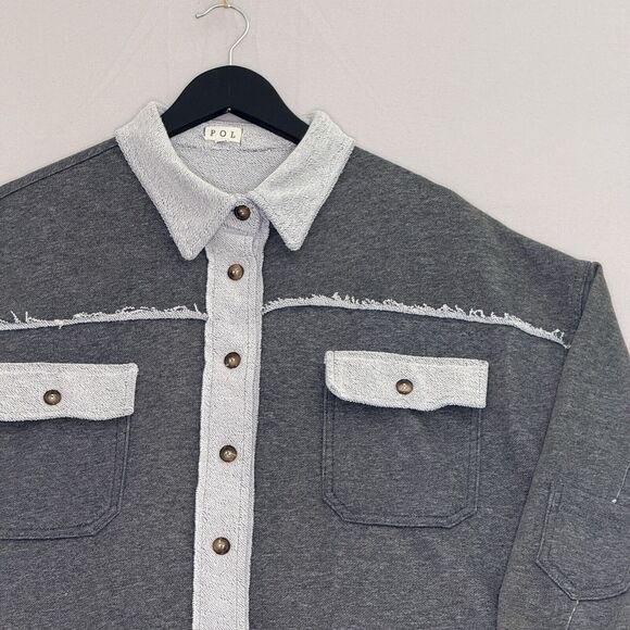 POL French Terry Shacket Women Large Gray Oversized Button‎ Front Jacket - Picture 2 of 8